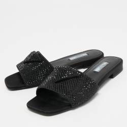 Prada Black Satin Crystal Embellished Flat Slides Size 38