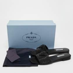 Prada Black Satin Crystal Embellished Flat Slides Size 38