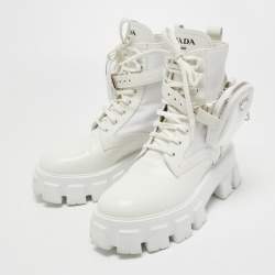 Pre Owned Prada White Leather and Nylon Monolith Combat Boots Size 38