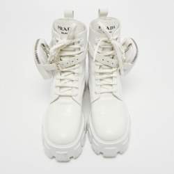 Pre Owned Prada White Leather and Nylon Monolith Combat Boots Size 38