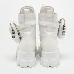 Pre Owned Prada White Leather and Nylon Monolith Combat Boots Size 38