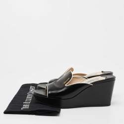 Prada Black Saffiano Vernice Leather Wedge Platform Slide Sandals Size 36