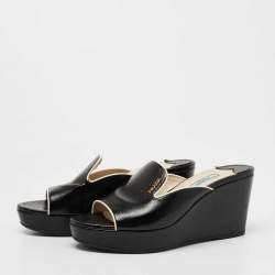 Prada Black Saffiano Vernice Leather Wedge Platform Slide Sandals Size 36