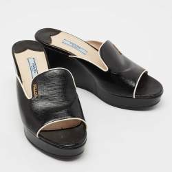 Prada Black Saffiano Vernice Leather Wedge Platform Slide Sandals Size 36