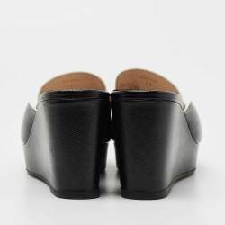 Prada Black Saffiano Vernice Leather Wedge Platform Slide Sandals Size 36