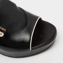 Prada Black Saffiano Vernice Leather Wedge Platform Slide Sandals Size 36
