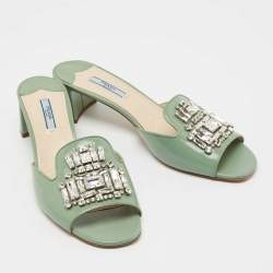 Prada Mint Green Saffiano Vernice Leather Crystal Embellished Slide Sandals Size 41