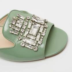 Prada Mint Green Saffiano Vernice Leather Crystal Embellished Slide Sandals Size 41
