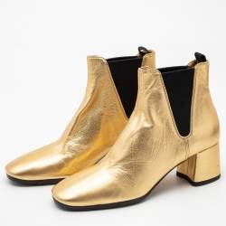 Pre Owned Prada Gold Leather Ankle Boots Size 39