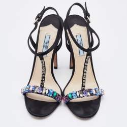 مملوكة مسبقًا Prada Black Satin Crystal Embellished Ankle Strap Sandals Size 38