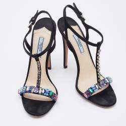 مملوكة مسبقًا Prada Black Satin Crystal Embellished Ankle Strap Sandals Size 38