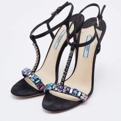 مملوكة مسبقًا Prada Black Satin Crystal Embellished Ankle Strap Sandals Size 38