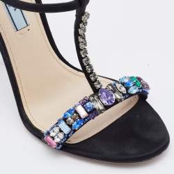 مملوكة مسبقًا Prada Black Satin Crystal Embellished Ankle Strap Sandals Size 38