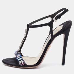 مملوكة مسبقًا Prada Black Satin Crystal Embellished Ankle Strap Sandals Size 38