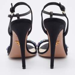 مملوكة مسبقًا Prada Black Satin Crystal Embellished Ankle Strap Sandals Size 38