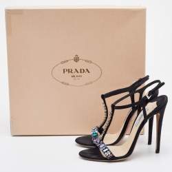 مملوكة مسبقًا Prada Black Satin Crystal Embellished Ankle Strap Sandals Size 38