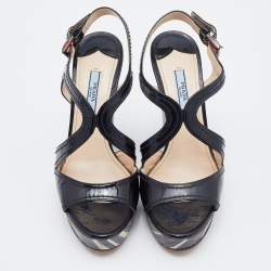 Prada Black Patent Leather Wooden Wedge Ankle Strap Sandals Size 37