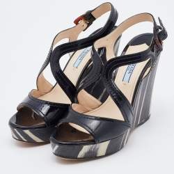 Prada Black Patent Leather Wooden Wedge Ankle Strap Sandals Size 37