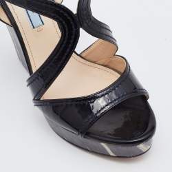 Prada Black Patent Leather Wooden Wedge Ankle Strap Sandals Size 37