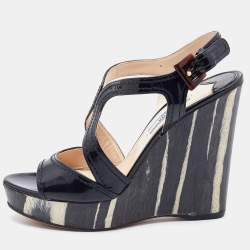 Prada Black Patent Leather Wooden Wedge Ankle Strap Sandals Size 37