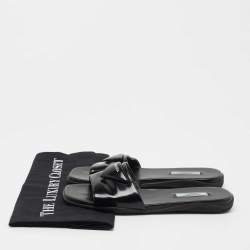 Pre Owned Prada Black Leather Logo Triangle Flat Slides Size 36.5 