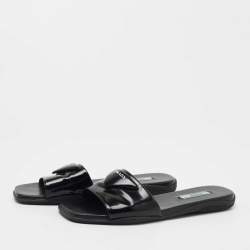 Pre Owned Prada Black Leather Logo Triangle Flat Slides Size 36.5 