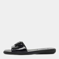 Pre Owned Prada Black Leather Logo Triangle Flat Slides Size 36.5 
