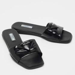 Pre Owned Prada Black Leather Logo Triangle Flat Slides Size 36.5 