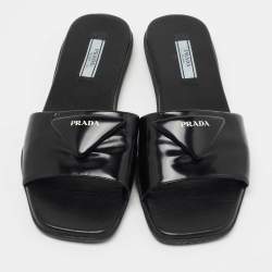 Pre Owned Prada Black Leather Logo Triangle Flat Slides Size 36.5 