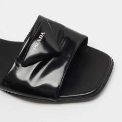 Pre Owned Prada Black Leather Logo Triangle Flat Slides Size 36.5 