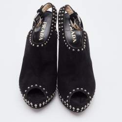 Prada Black Suede Studded Slingback Platform Sandals Size 36.5