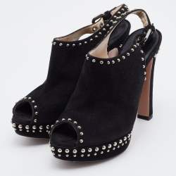 Prada Black Suede Studded Slingback Platform Sandals Size 36.5