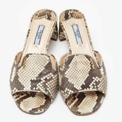 Pre Owned Prada Beige/Brown Python Leather Slide Sandals Size 36