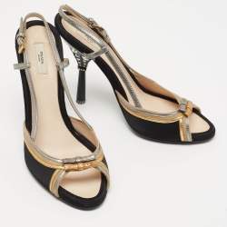Prada Tricolor Satin and Leather Crystal Embellished Heel Slingback Sandals Size 37