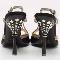 Prada Tricolor Satin and Leather Crystal Embellished Heel Slingback Sandals Size 37