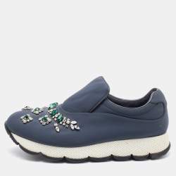 Prada Grey Stretch Fabric Crystal Embellished Slip On Sneakers Size 39