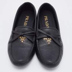 Pre Owned Prada Black Leather Bow Slip On Loafers Size 38.5