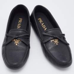 Pre Owned Prada Black Leather Bow Slip On Loafers Size 38.5