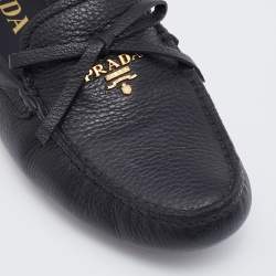 Pre Owned Prada Black Leather Bow Slip On Loafers Size 38.5