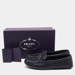 Pre Owned Prada Black Leather Bow Slip On Loafers Size 38.5
