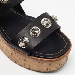 Pre Owned Prada Black Leather Rhinestone Embellished Ankle Strap Cork Wedge Sandals Size 40