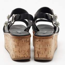 Pre Owned Prada Black Leather Rhinestone Embellished Ankle Strap Cork Wedge Sandals Size 40