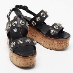 Pre Owned Prada Black Leather Rhinestone Embellished Ankle Strap Cork Wedge Sandals Size 40