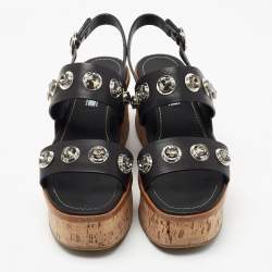 Pre Owned Prada Black Leather Rhinestone Embellished Ankle Strap Cork Wedge Sandals Size 40