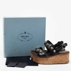 Pre Owned Prada Black Leather Rhinestone Embellished Ankle Strap Cork Wedge Sandals Size 40