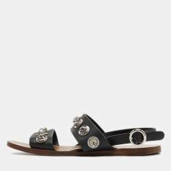 Prada Black Leather Crystal Embellished Flat Slingback Sandals Size 39.5