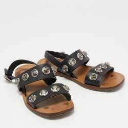 Prada Black Leather Crystal Embellished Flat Slingback Sandals Size 39.5
