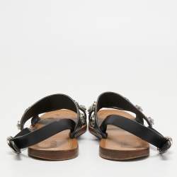 Prada Black Leather Crystal Embellished Flat Slingback Sandals Size 39.5