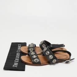 Prada Black Leather Crystal Embellished Flat Slingback Sandals Size 39.5
