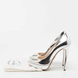 Pre Owned Prada Silver Leather Peep Toe Platform Pumps Size 38